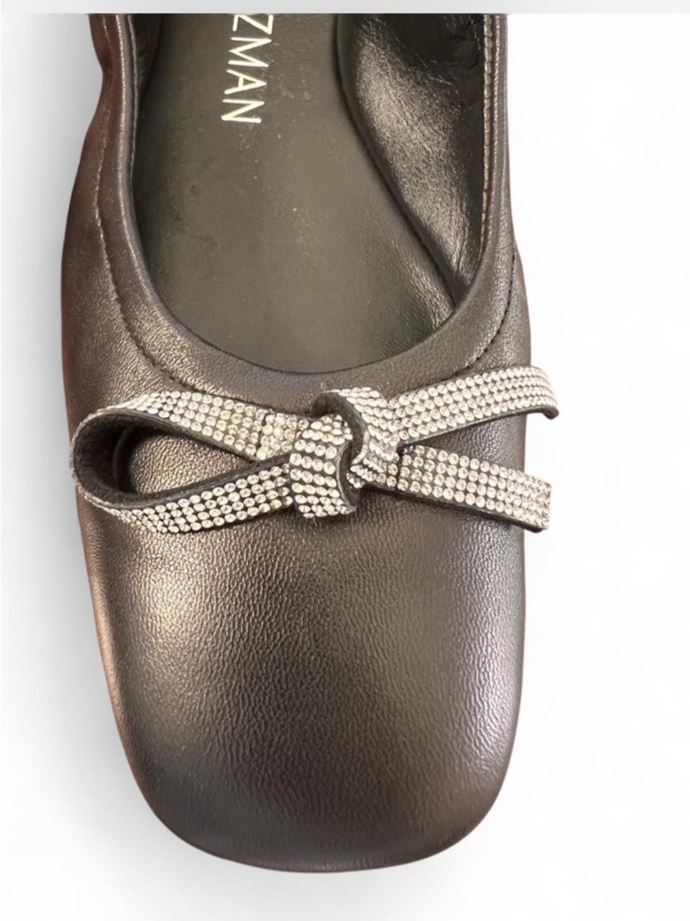 Stuart Weitzman SW Bow Ballet Flat Black Leather Crystal Bow Size 10B